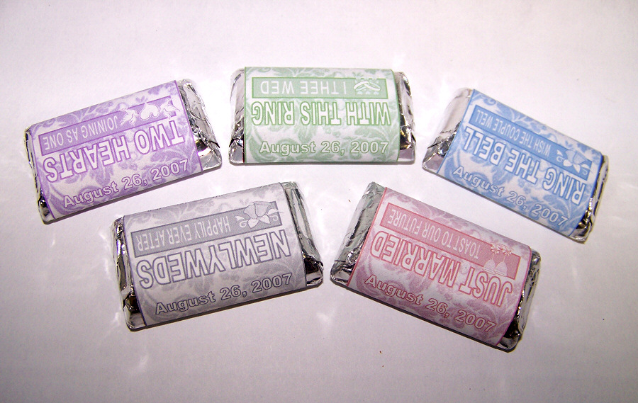 Miniature sized candy bar wrappers make wonderful wedding or bridal favors